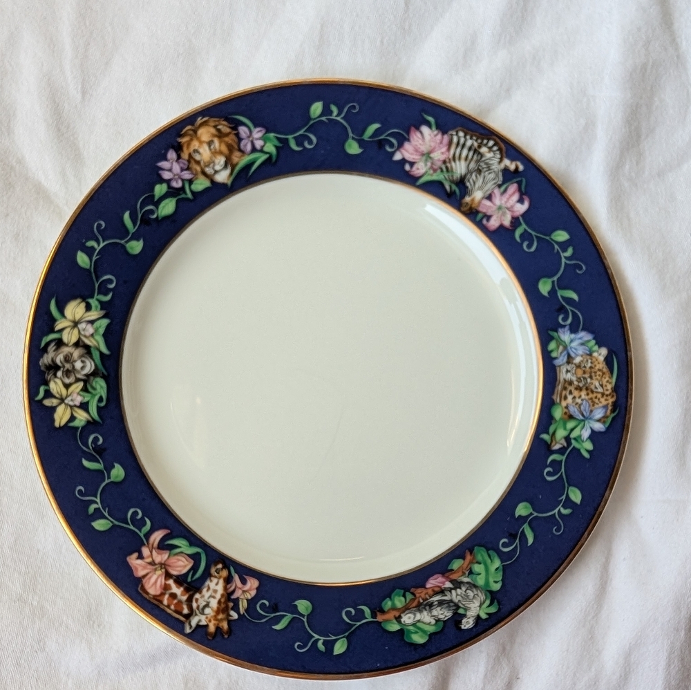 Franciscan Rafiki Blue Floral Animals Gold 4 Place Setting Pieces Discontinued - Picture 11 of 16